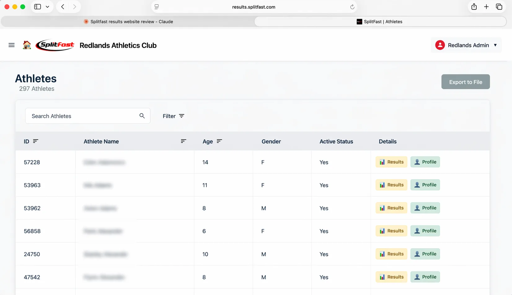 SplitFast Results Portal Club Athletes list